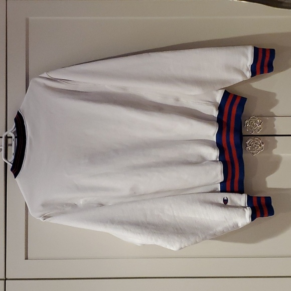 Vintage 90s Champion Striped Collar Reverse Weave Sweatshirt Size S Navy Spell - Picture 2 of 5